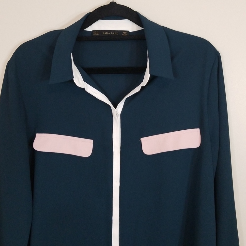 Zara Basic Green Pink Button Down Blouse - image 2